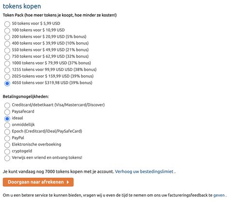 Screenshot van de prijzen van Chaturbate